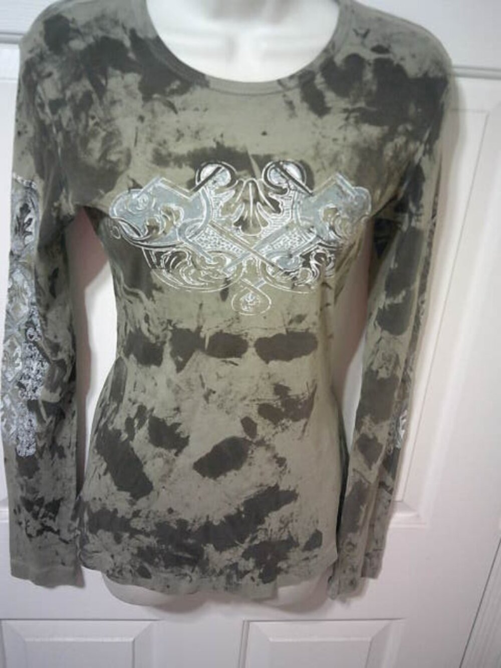 WOMEN'S SIZE L SLEDGE USA A NEW KIND LS T-SHIRT TOP ARMY GREEN WHITE DESIGNS 👩